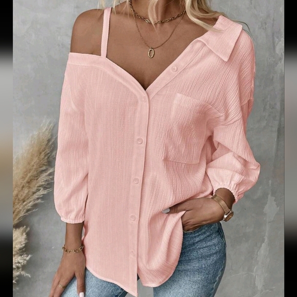 Women's Spring/Fall Solid Color Asymmetric Collar Dropped Shoulder Loose Casual - Picture 1 of 4